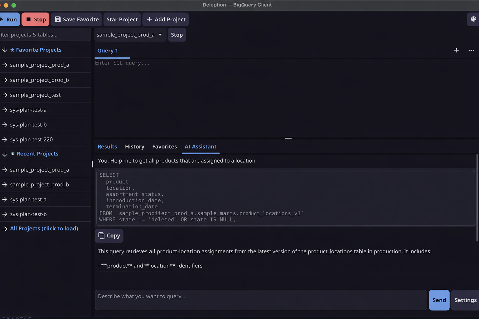Delephon AI assistant generating a query from a natural language prompt