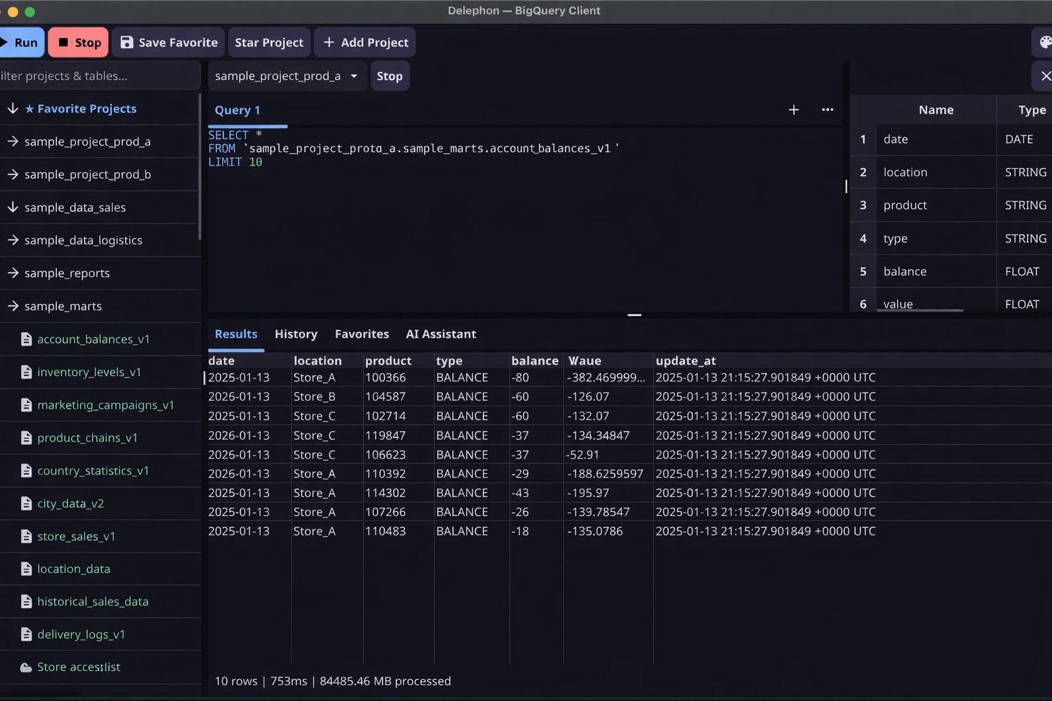 Delephon query editor showing results and schema viewer